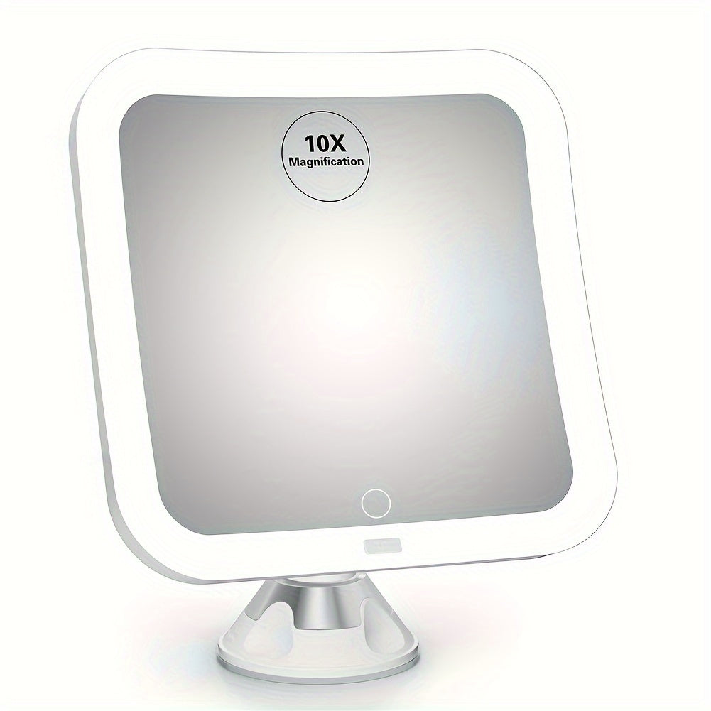 Espelho de maquiagem com aumento 10x, luz LED e ventosa, cor prata