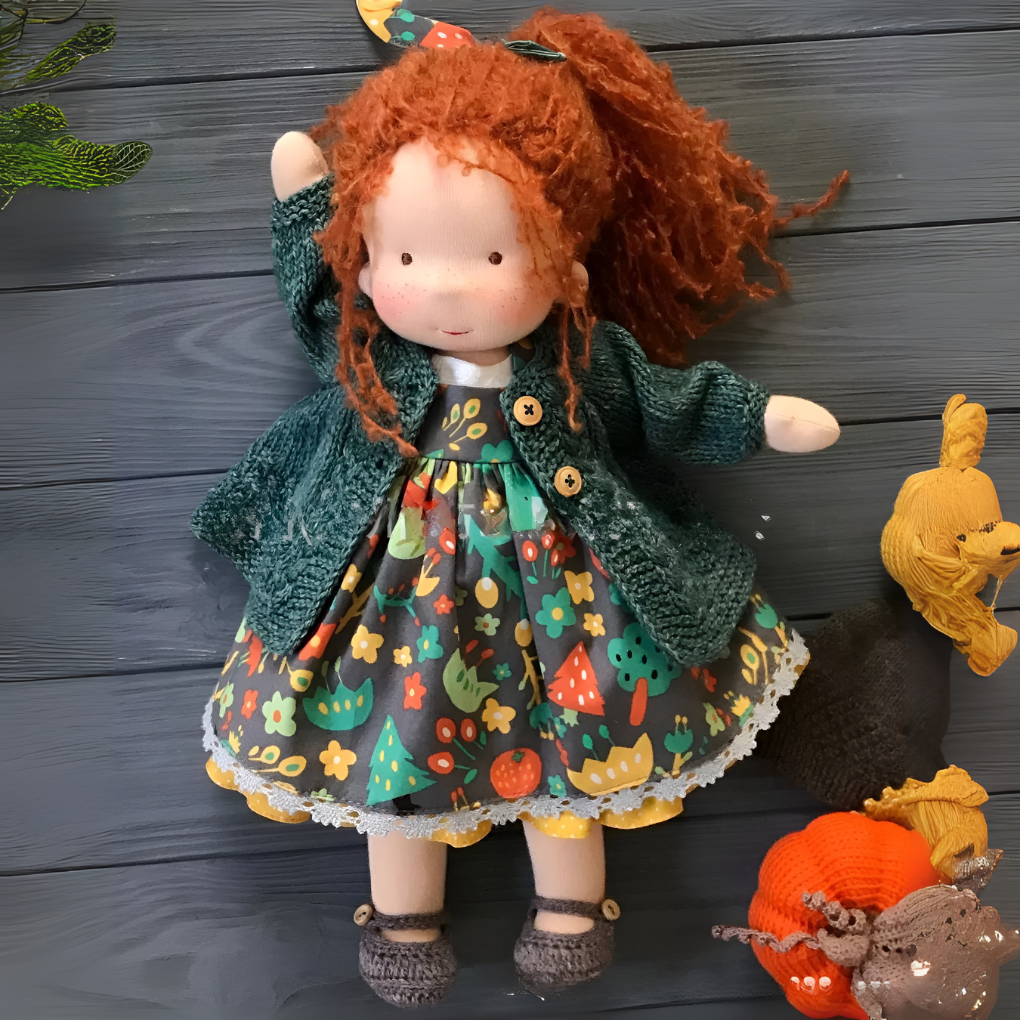 Boneca Waldorf artesanal em algodão e lã natural, suave, para bebés e crianças a partir dos 2 anos