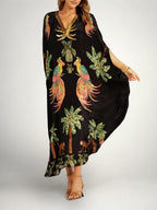 Vestido feminino estampa coqueiro ombro caído com detalhe de lantejoulas
