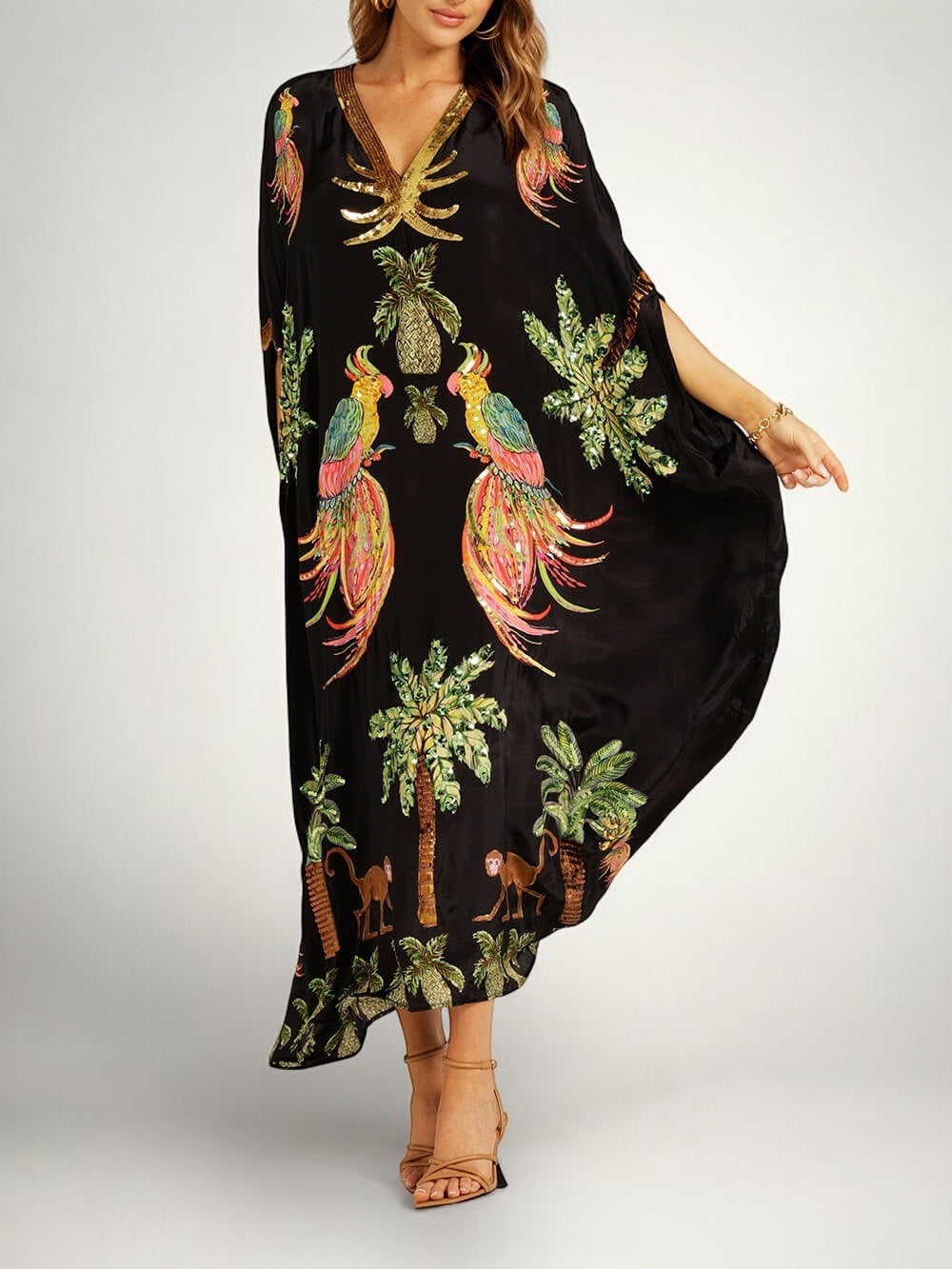 Vestido feminino estampa coqueiro ombro caído com detalhe de lantejoulas