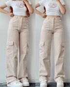 Calças cargo jeans femininas com multibolsos corte casual