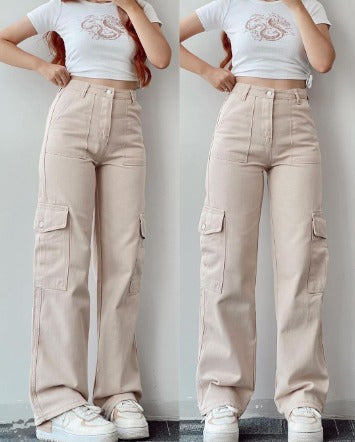 Calças cargo jeans femininas com multibolsos corte casual