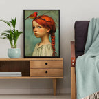 Poster canvas Art Deco retrato rapariga e cardeal sem moldura, decoração parede interior
