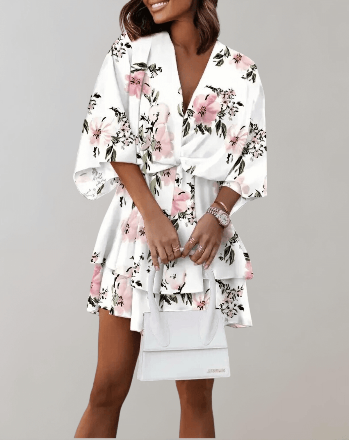 Vestido feminino midi decote V manga morcego em várias cores