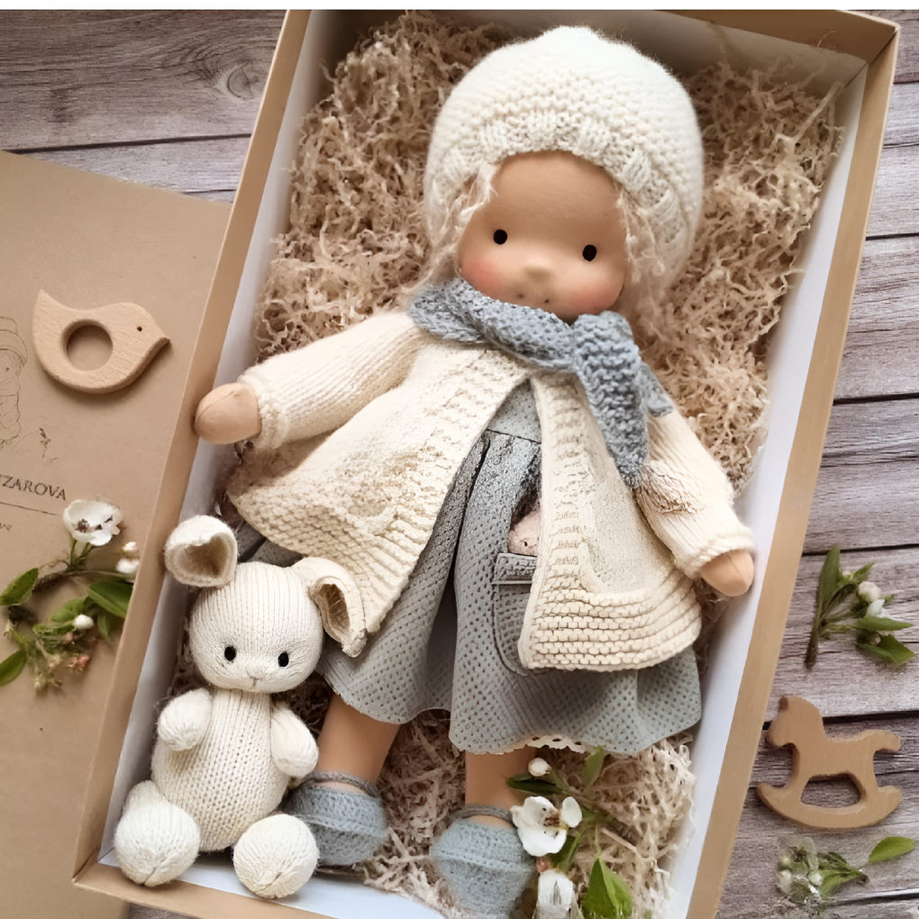 Boneca Waldorf artesanal em algodão e lã natural, suave, para bebés e crianças a partir dos 2 anos