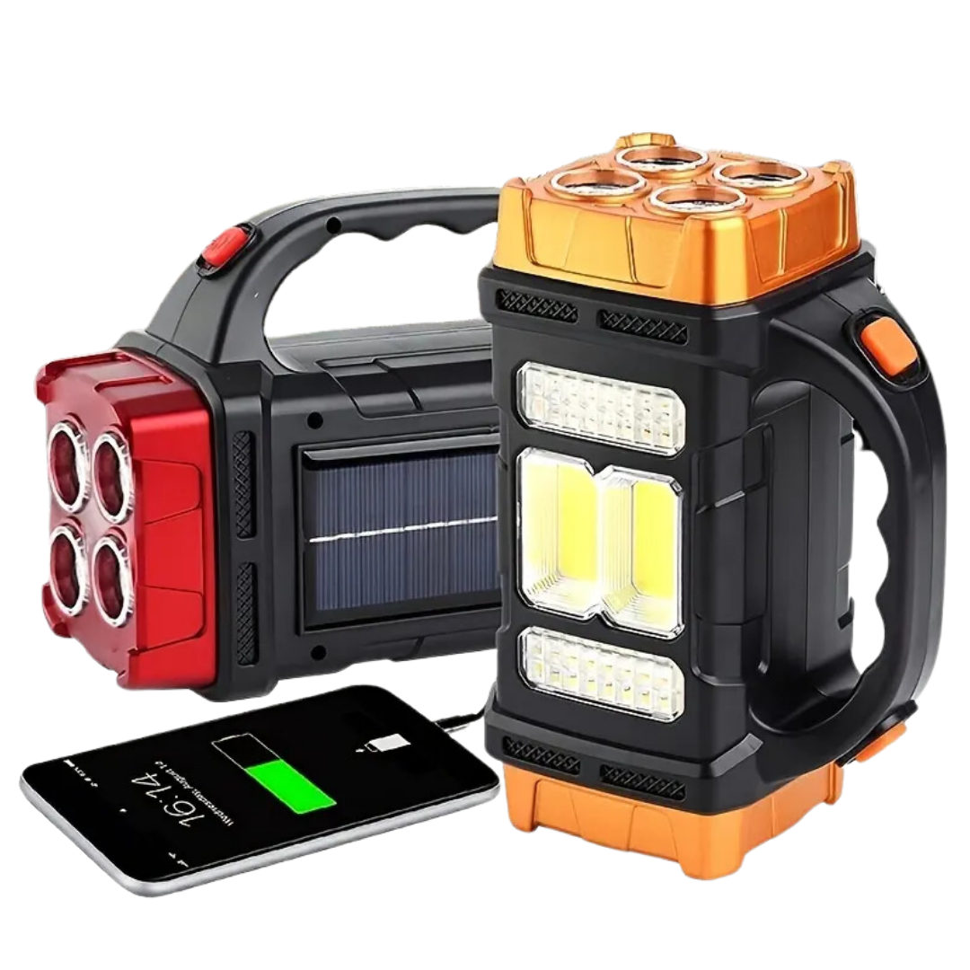 Lanterna Solar 3 em 1 com powerbank integrado e iluminação LED, compacta e resistente à água