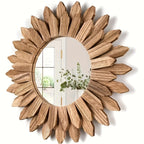 Espelho de parede redondo estilo boho em madeira com design de girassol, decorativo