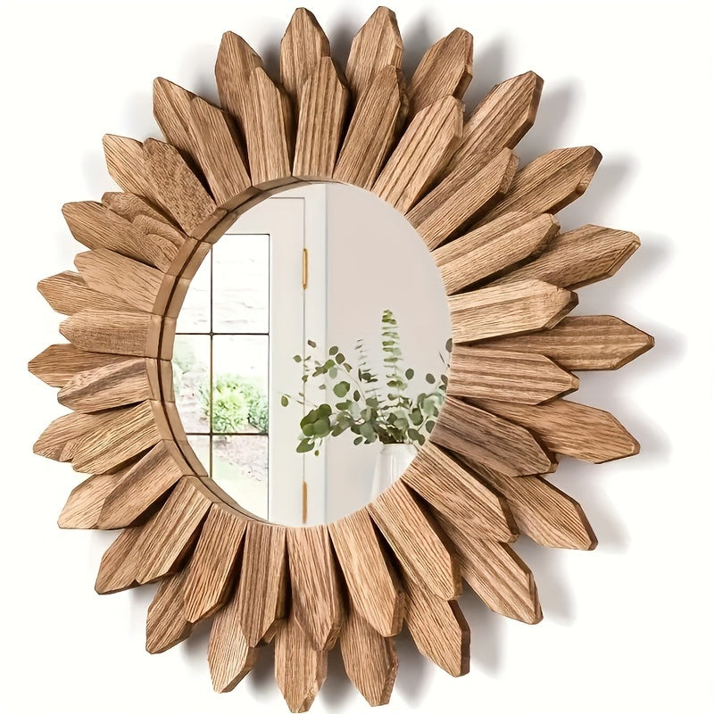 Espelho de parede redondo estilo boho em madeira com design de girassol, decorativo