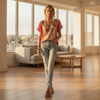 Camiseta feminina decote V boho caimento relaxado casual