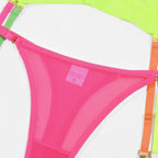Conjunto de lingerie neon colorido com sutiã e calcinha amarelo laranja e rosa choque