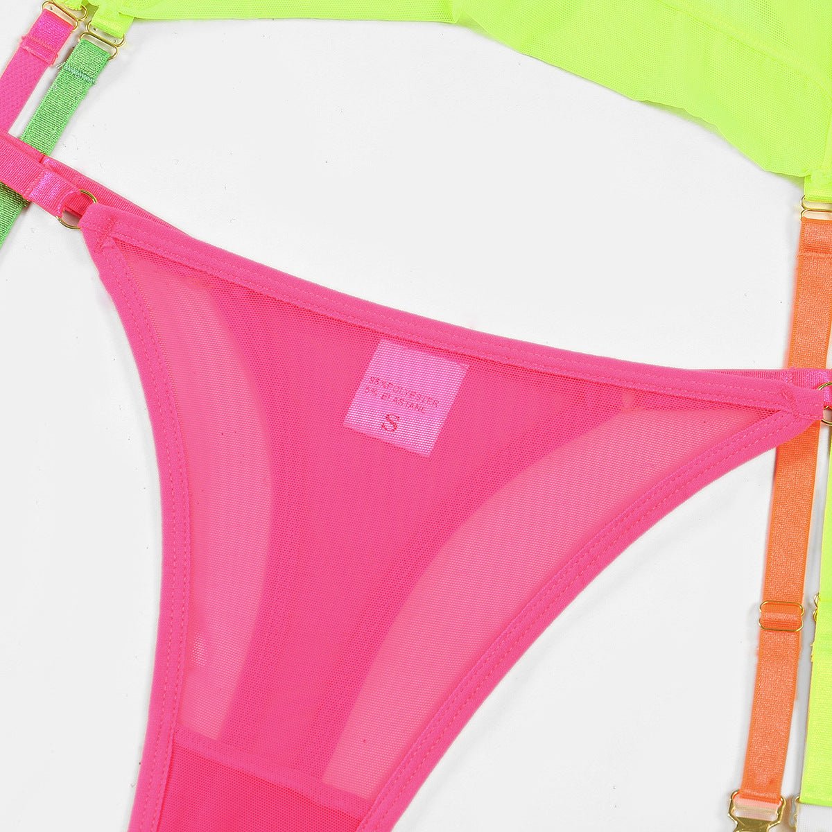 Conjunto de lingerie neon colorido com sutiã e calcinha amarelo laranja e rosa choque