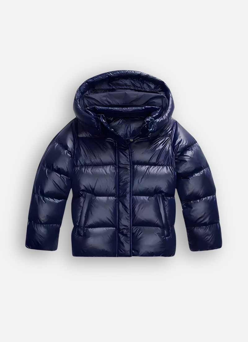 Casaco puffer slim fit feminino de inverno com acabamento brilhante