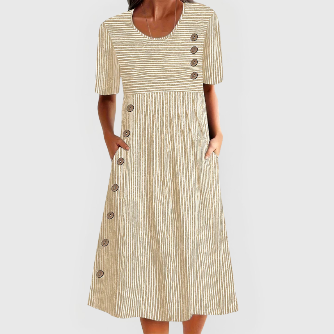 Vestido midi listrado manga 3/4 feminino casual leve