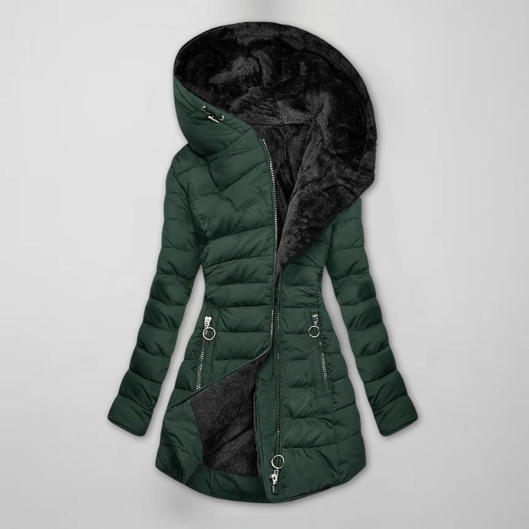 Casaco longo acolchoado de inverno com capuz para mulher