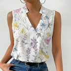 Blusa feminina decote V leve e respirável, sem mangas, estampada floral e cores sólidas