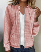 Hoodie feminino texturizado com fecho de correr e capuz corte relaxado