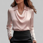 Blusa de cetim feminina com gola xale manga comprida