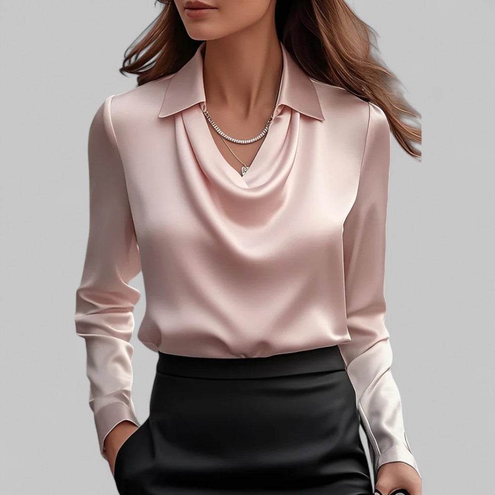 Blusa de cetim feminina com gola xale manga comprida