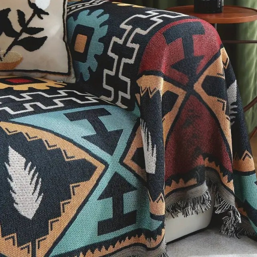 Capa para sofá padrão geométrico asteca boho com borlas decorativas