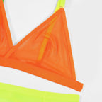 Conjunto de lingerie neon colorido com sutiã e calcinha amarelo laranja e rosa choque