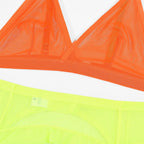 Conjunto de lingerie neon colorido com sutiã e calcinha amarelo laranja e rosa choque