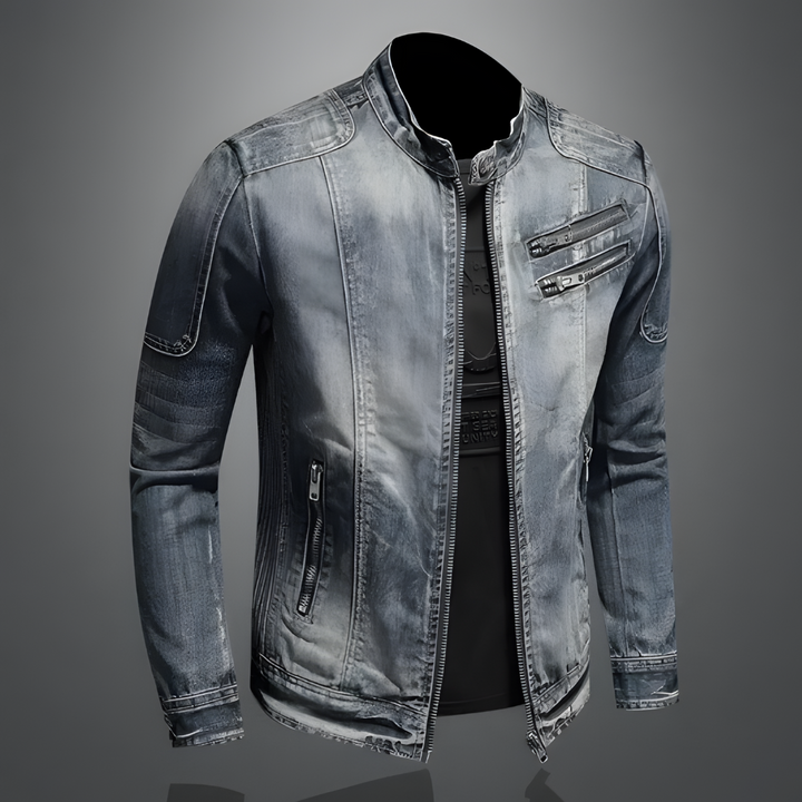 Jaqueta jeans masculina retro com lavagem vintage e corte ajustado