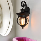 Lanterna de parede exterior LED com braço curvo e globo de vidro semeado, acabamento preto mate