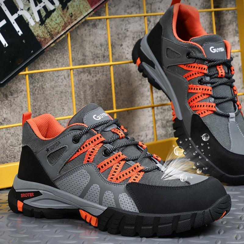 Sapatos de segurança masculinos com biqueira de aço, antiderrapante e leves, cinzento
