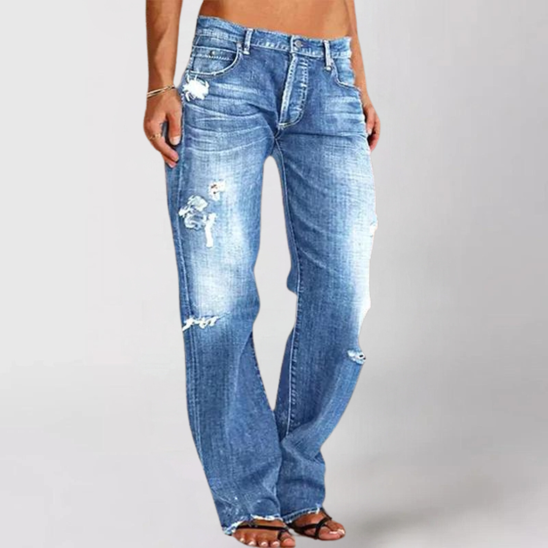 Calças jeans femininas perna larga relaxed fit em denim elástico