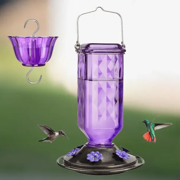 Alimentador de beija-flor de vidro 24oz à prova de vazamento com 6 portas em flor e anti-formigas