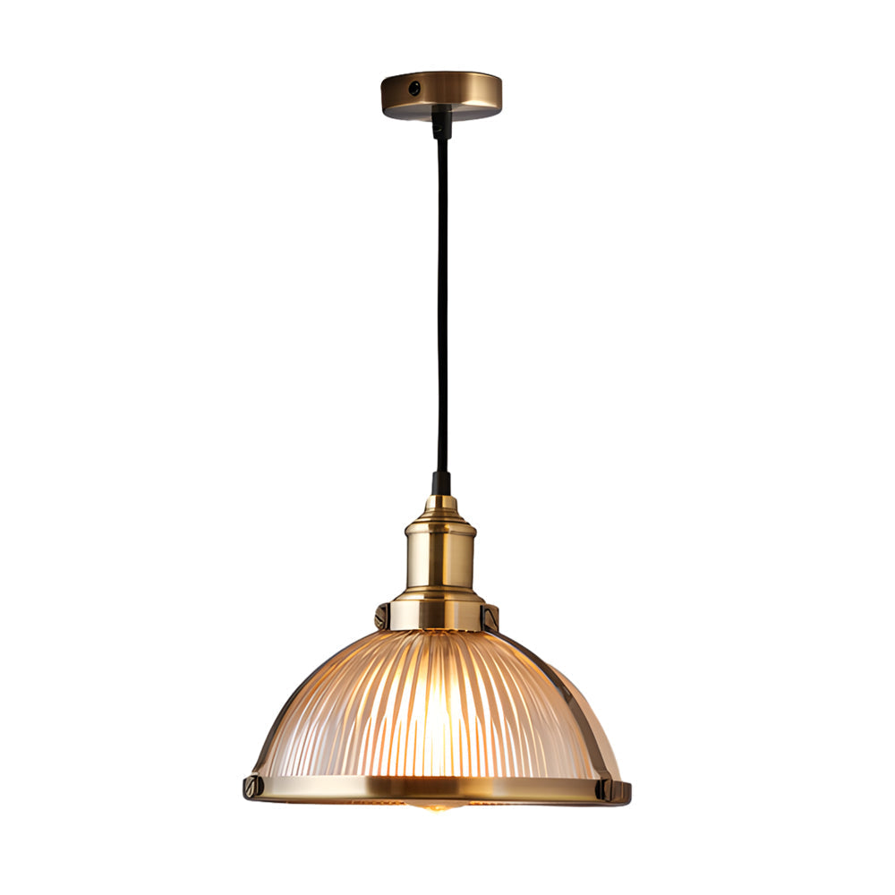 Candeeiro pendente retro com abajur de vidro riscado, 1 luz 40W, acabamento cromo e bronze