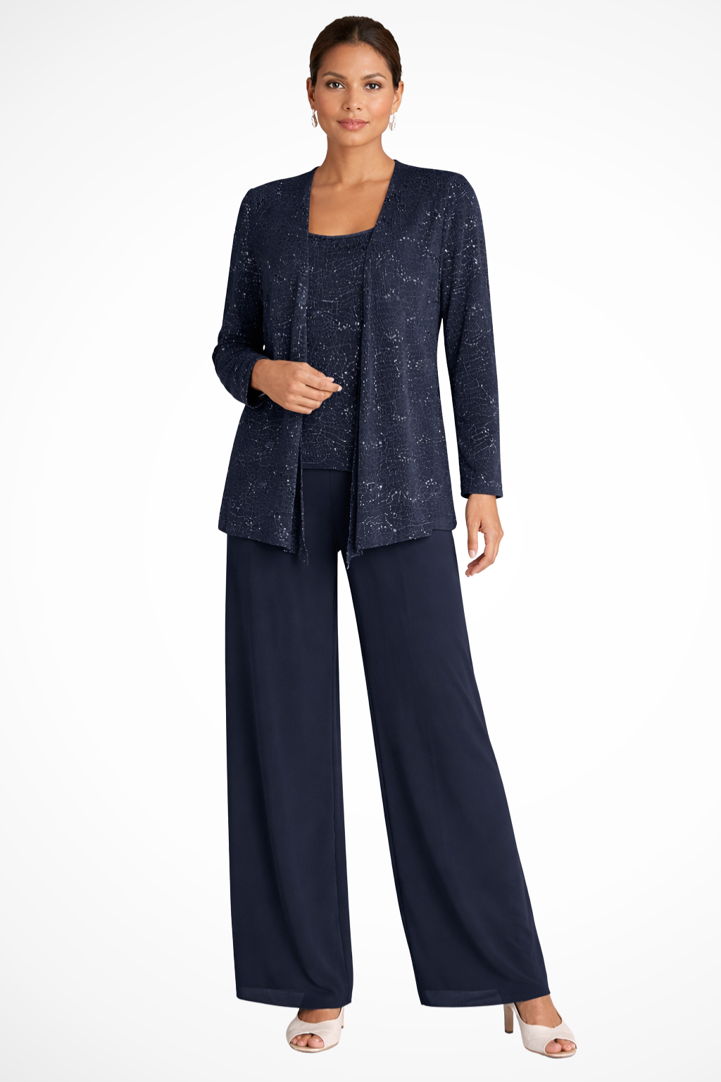 Conjunto feminino 3 peças renda lantejoulas casaco e calça perna larga
