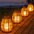 Lanterna solar exterior portátil impermeável com design bambu e luz LED quente