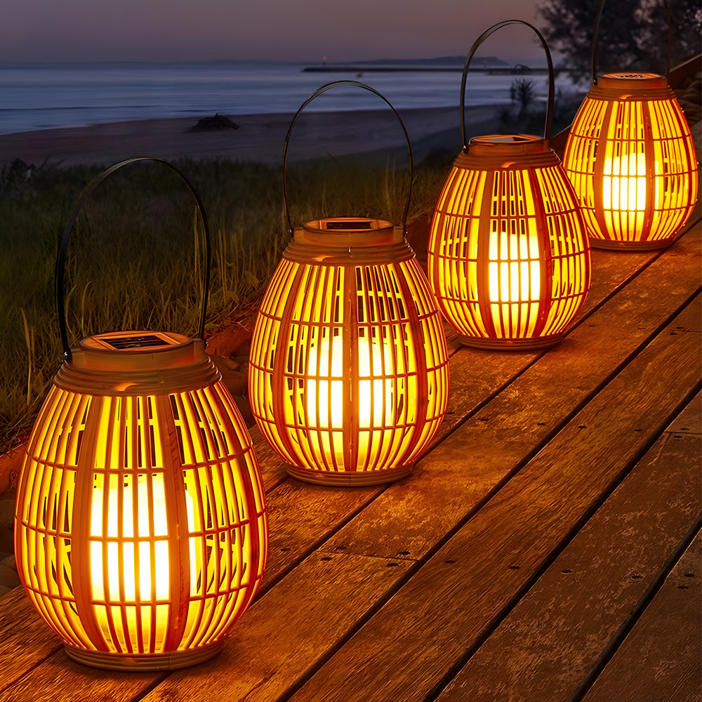 Lanterna solar exterior portátil impermeável com design bambu e luz LED quente