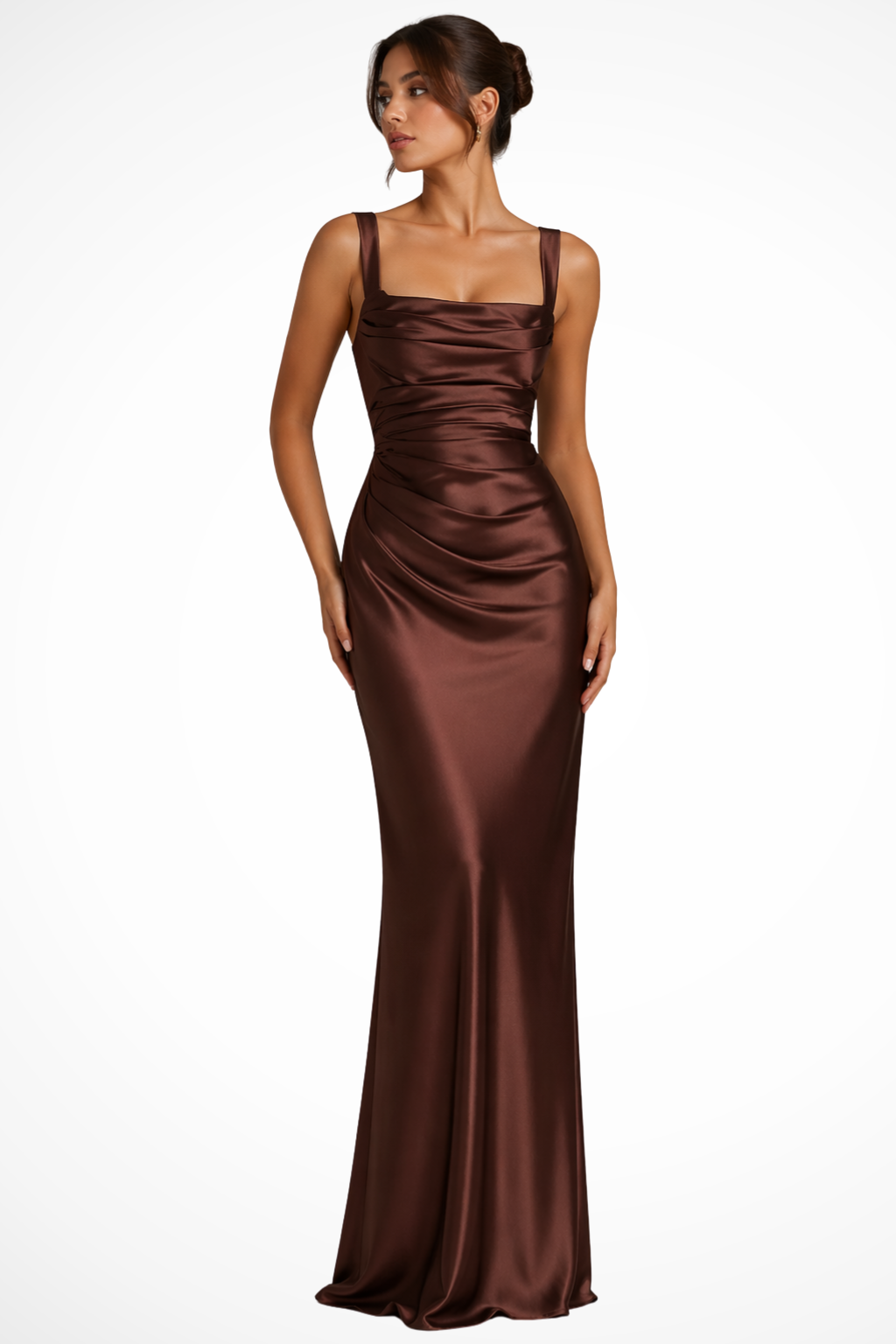Vestido maxi feminino cetim decote quadrado franzido comprimento até ao chão