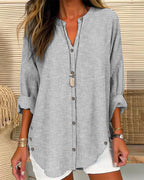 Blusa feminina manga longa listrada decote V com botões corte folgado