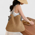 Bolsa de ombro feminina tecida shopper estilo artesanal com alças estampadas