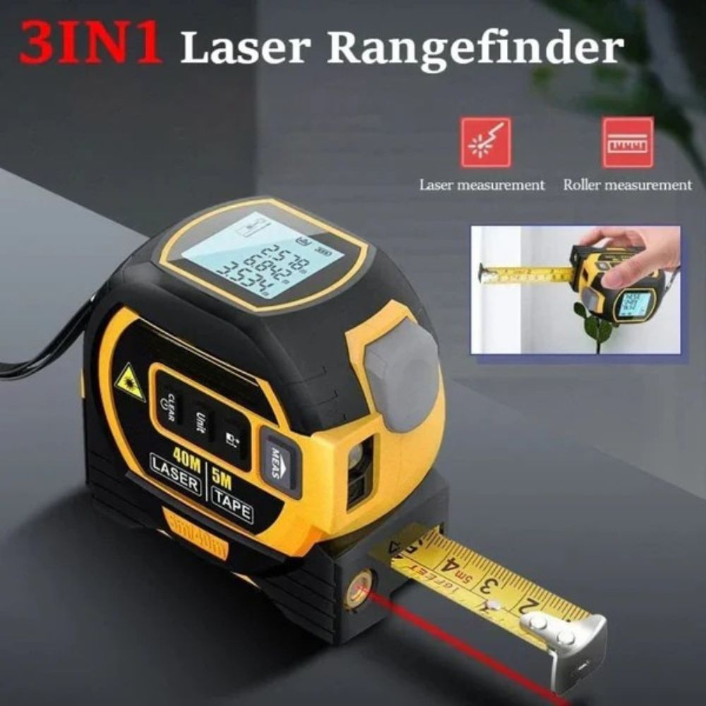 Fita métrica laser 3 em 1 infravermelha com visor LCD retroiluminado, amarelo e azul