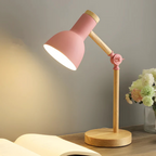 Candeeiro de mesa ajustável em madeira e metal com braço articulado e abajur giratório E27 LED
