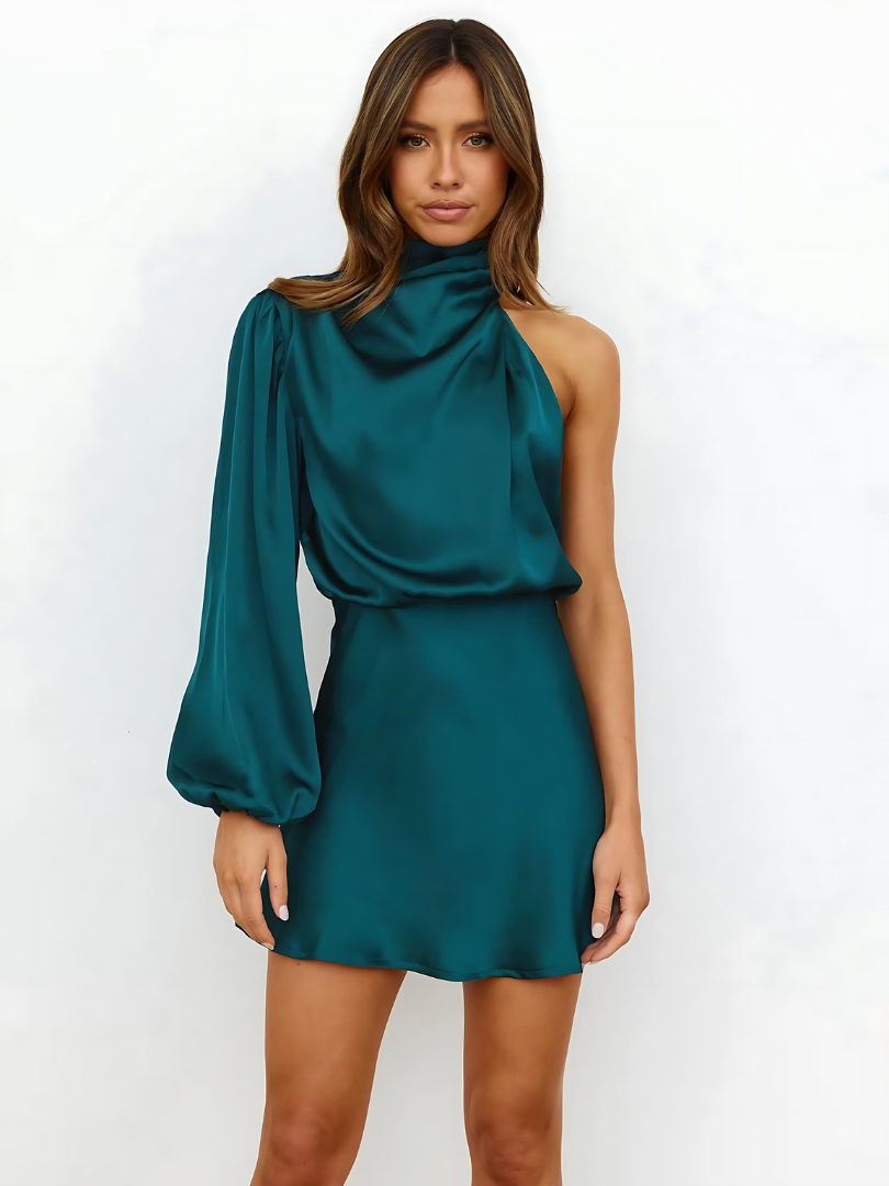 Vestido de noite feminino acetinado ombro único corte ajustado