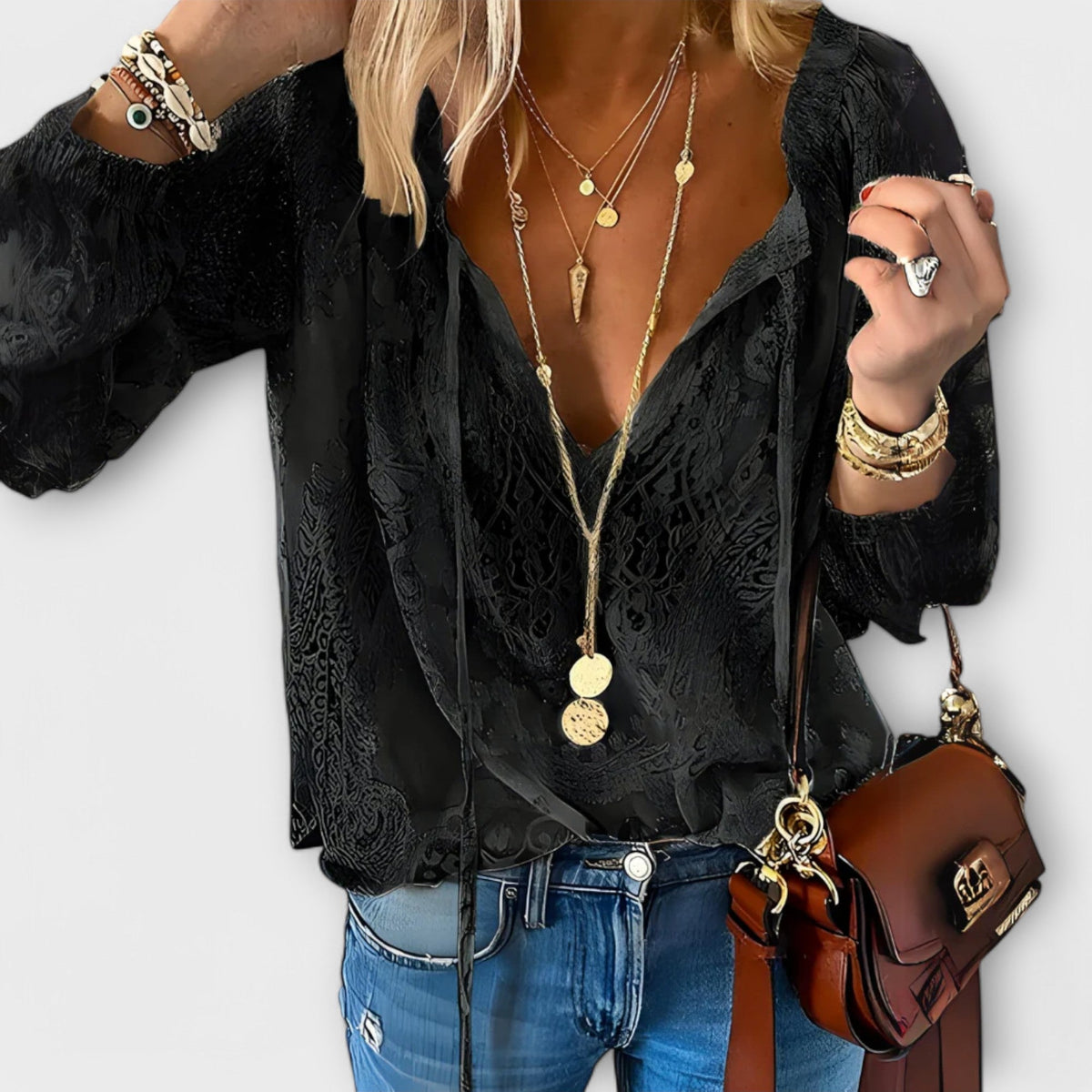 Blusa feminina bordada decote V mangas longas amplas com laços decorativos