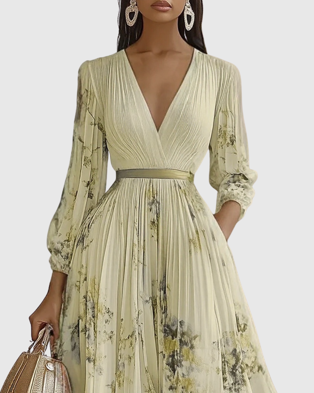 Vestido maxi floral manga longa decote V plissado com laço na cintura feminino