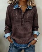 Sweatshirt mulher gola denim meia abertura textura trançada em relevo
