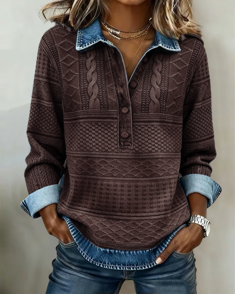 Sweatshirt mulher gola denim meia abertura textura trançada em relevo