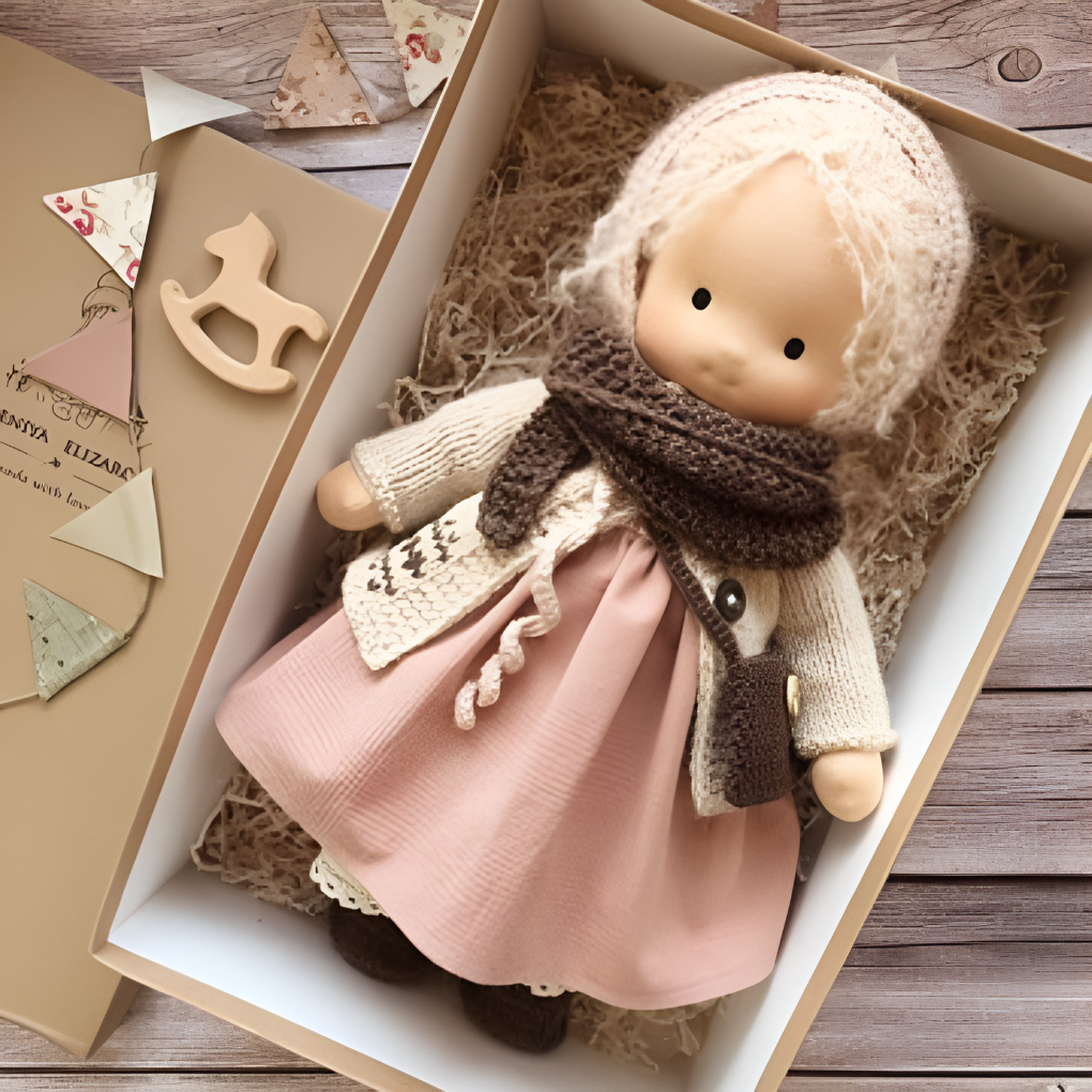 Boneca Waldorf artesanal em algodão e lã natural, suave, para bebés e crianças a partir dos 2 anos
