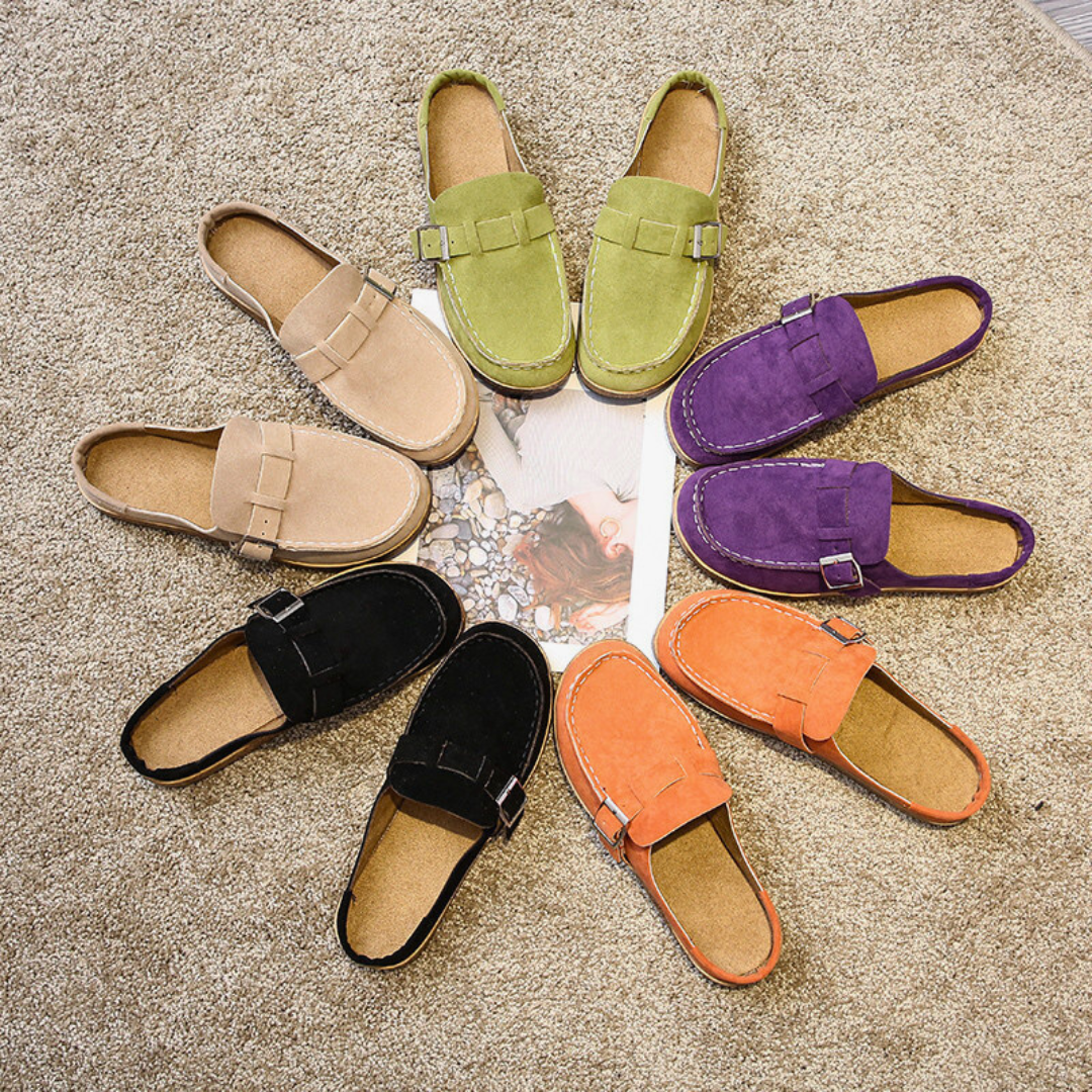 Sandálias femininas de camurça conforto ortopédico com fivela ajustável