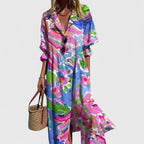Vestido maxi feminino boho estampado com meia manga em cores vibrantes