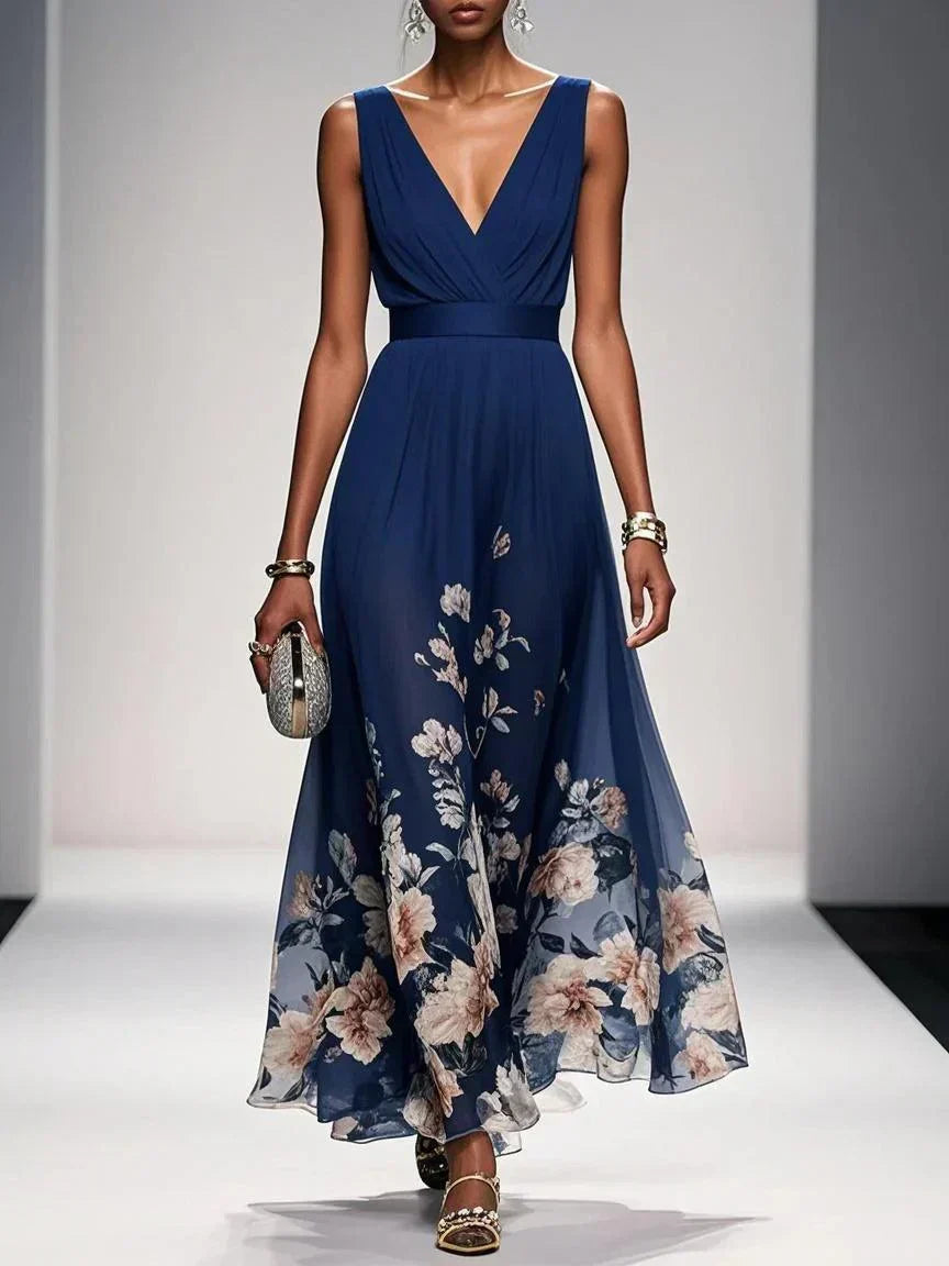Vestido floral convidada de casamento com decote V e silhueta evasê fluida