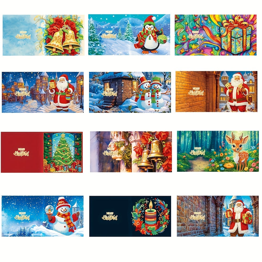 Cartões de Natal com Pintura de Diamante kit 12 peças, Papai Noel artesanal mosaico