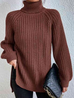 Camisola feminina gola alta canelada com fenda lateral outono inverno